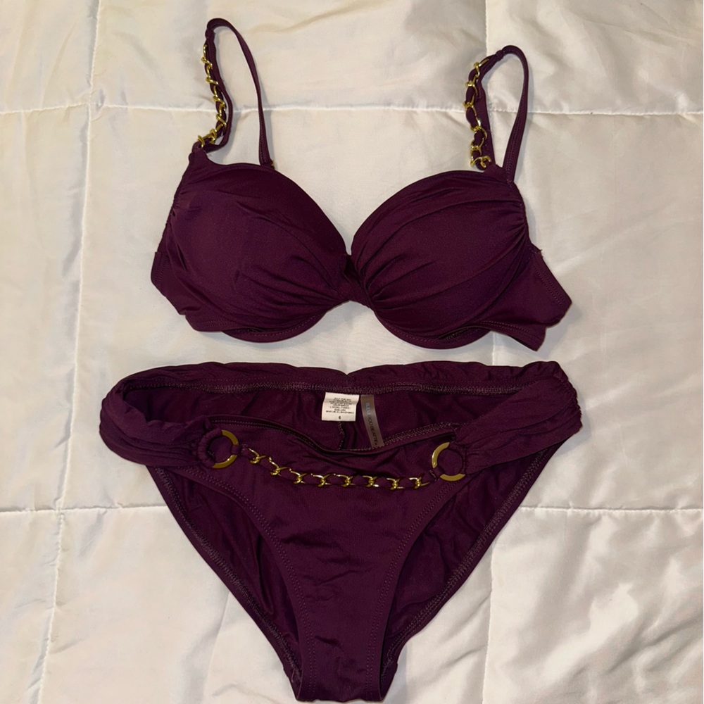 Deep purple bikini lined with gold chain